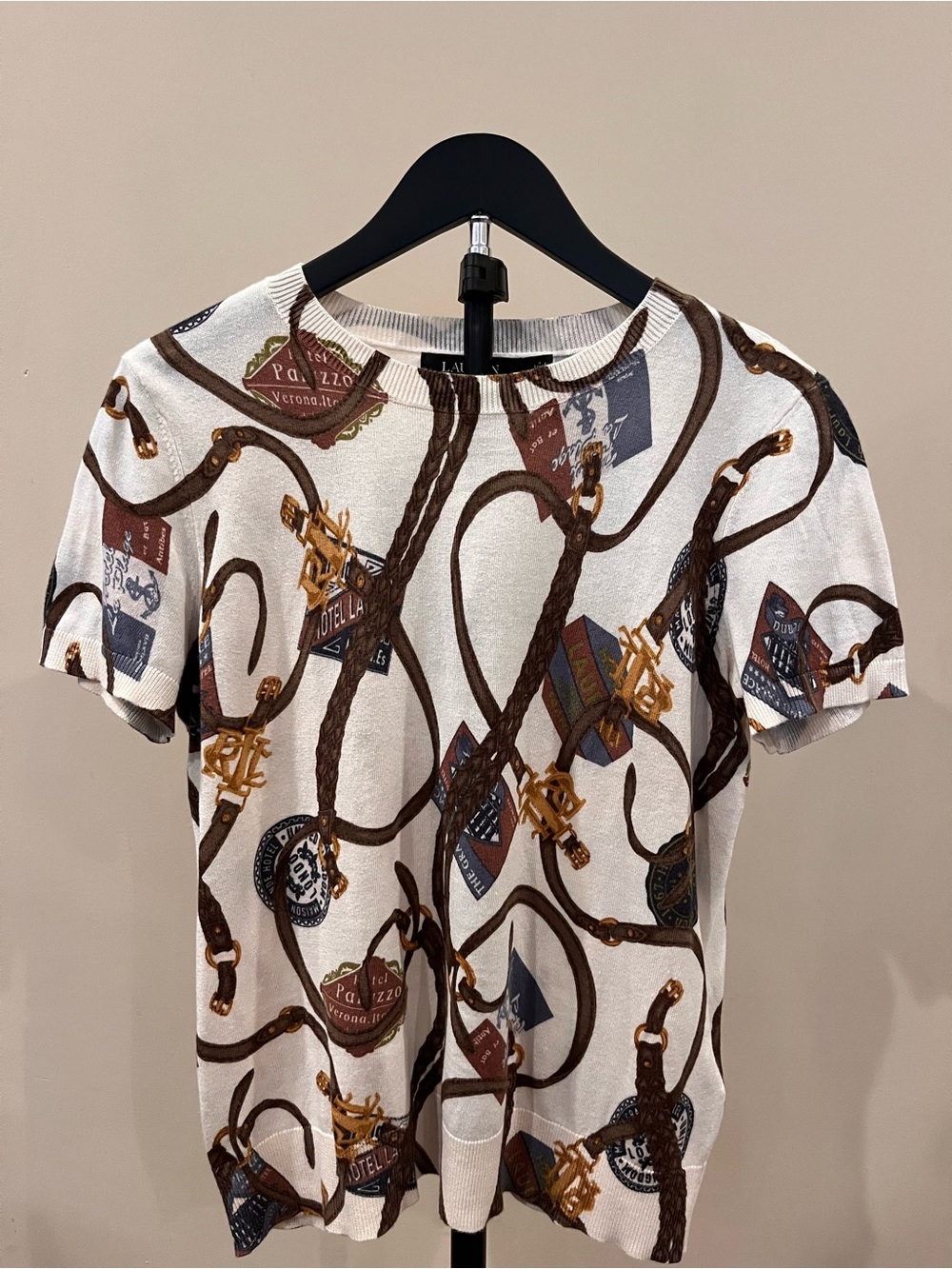 Lauren Ralph Lauren Travel Stamp & Belt Motif Short Sleeve Sweater M